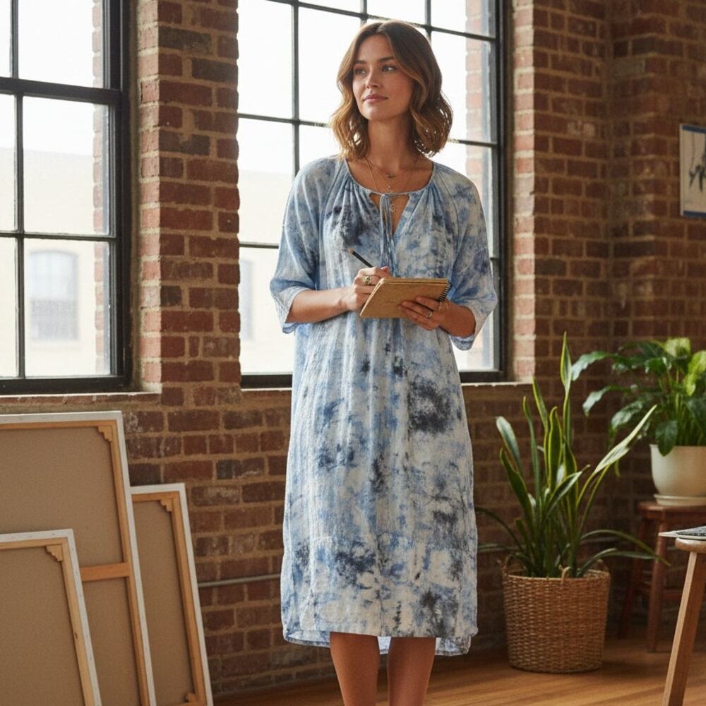 Raquel Allegra Silk Cotton Blue Tie Dye Dress lace tie neck size 0